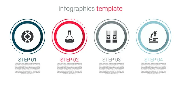 Definir símbolo de DNA, tubo de ensaio e frasco, luvas de borracha médica e microscópio. Modelo de infográfico de negócios. Vetor — Vetor de Stock