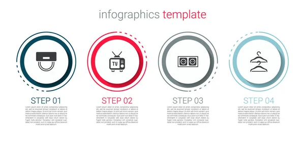 Set Bellboy sombrero, retro tv, toma de corriente eléctrica y armario colgador. Plantilla de infografía empresarial. Vector — Vector de stock