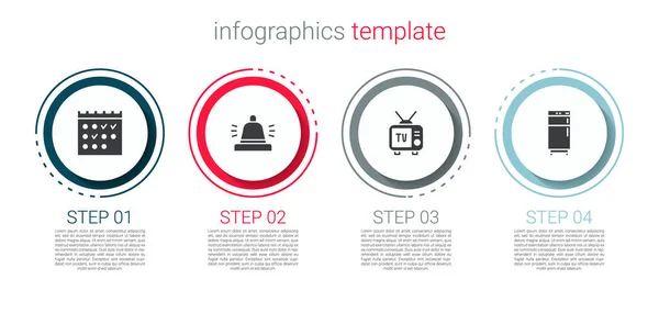 Set calendrier de réservation d'hôtel, cloche de service, TV rétro et réfrigérateur. Modèle d'infographie d'entreprise. Vecteur — Image vectorielle