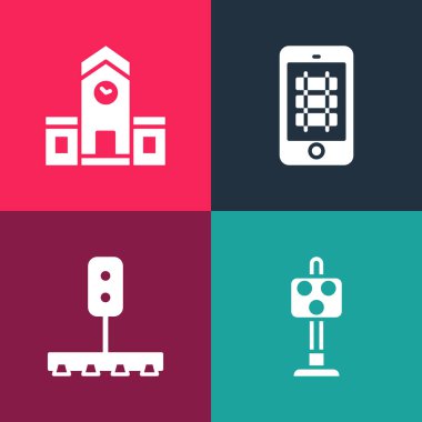 Pop Art Train trafik ışığı, tren bileti ve tren istasyonu ikonu al. Vektör