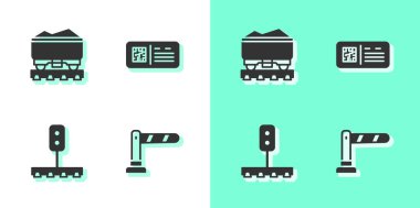 Demiryolu bariyerini, Kömür treni vagonunu, tren trafik ışığını ve QR bilet ikonunu ayarlayın. Vektör