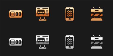 Elektrik prizini ayarlayın, bilet bürosunu bilet almaya ayarlayın, treni internetten alın ve tren yolu simgesini bitirin. Vektör