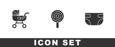 Bebek arabası, lolipop ve emici bebek bezi ikonu hazırla. Vektör