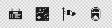 Havaalanı panosu, Dünya Seyahat Haritası, Koni Meteoroloji Rüzgarlığı ve Uçak Pencere Simgesi. Vektör