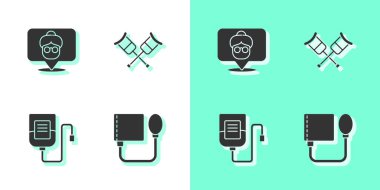 Kan basıncını ayarla, bakımevi, serum, koltuk değneği ya da koltuk değneği ikonu. Vektör