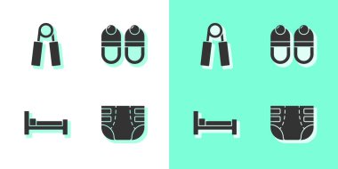 Yetişkin bezi, spor açıcı, yatak ve terlik simgesi ayarla. Vektör