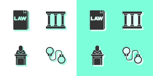 Set Handschellen, Gesetzbuch, Richter und Gefängnisfenster-Symbol. Vektor — Stockvektor