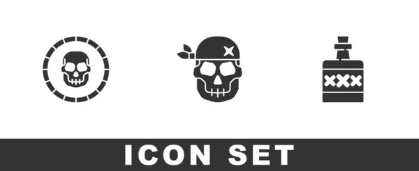 Set Pirate coin, Skull and Alcohol drink Rum icon. Vector — Stock Vector