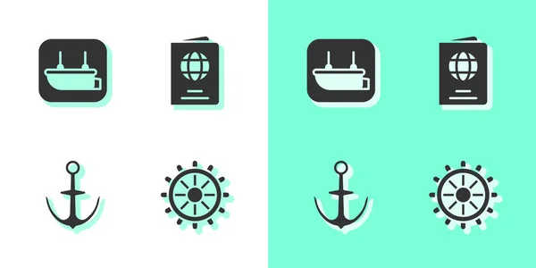 Set Volante del barco, Bote salvavidas, Ancla y Pasaporte icono. Vector — Vector de stock