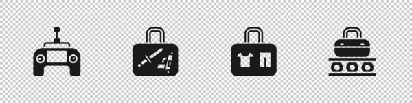 Ustaw zdalne sterowanie dronem, walizkę i pasek transportowy z ikoną walizki. Wektor — Wektor stockowy
