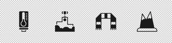 Definir termômetro de meteorologia, pódio vencedor do prêmio, cachecol de inverno e ícone de montanhas. Vetor —  Vetores de Stock