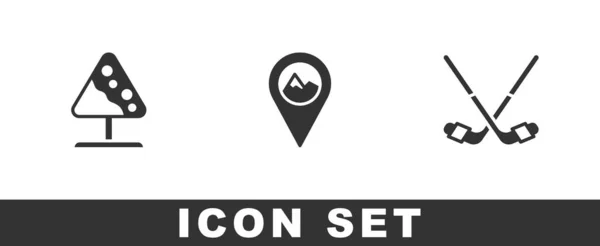 Set Road tábla lavinák, Helyszín hegyi és jégkorong botok ikon. Vektor — Stock Vector