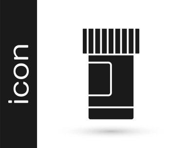 Siyah ilaç şişesi ve beyaz arka planda izole edilmiş hap ikonu. Şişe hapı işareti. Eczane tasarımı. Vektör.