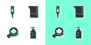 El dezenfektanı şişesi, tıbbi dijital termometre, Cross hastanesi sağlık ve ölçü kabı ikonu. Vektör.