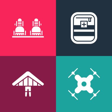 Pop-art Drone 'u uçur, Hang-Plander' ı, ilk yardım çantasını ve Snowboard ikonunu. Vektör.