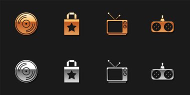 Vinil disk, kağıt alışveriş torbası, Retro TV ve Gamepad simgesini ayarla. Vektör.