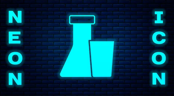 发光的霓虹灯试管和烧瓶化学实验室测试图标隔离在砖墙背景 实验室玻璃器皿标志 — 图库矢量图片