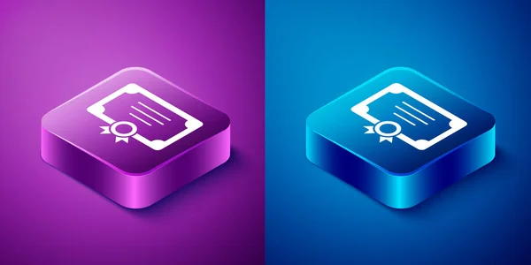 Isometric Certificate Template Icon Isolated Blue Purple Background Achievement Award — Stock Vector