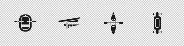 设置驳船 悬挂滑翔机 独木舟或独木舟和长板滑板图标 — 图库矢量图片