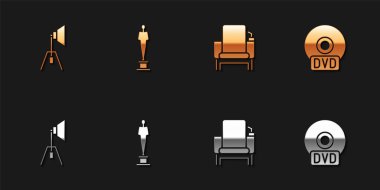 Spot ışığı, kupa, sinema koltuğu ve CD veya DVD disk simgesi ayarla. Vektör.