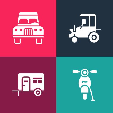 Pop sanat Scooter 'ı, karavan karavanını, traktör ve araba ikonunu ayarla. Vektör.