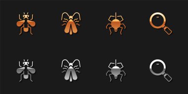 Böcek sineği, giysi güvesi, örümcek ve büyüteç ikonu. Vektör.