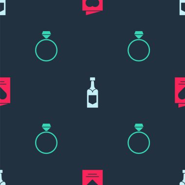 Tebrik kartı, şampanya şişesi ve pırlanta nişan yüzüğünü kusursuz düzende ayarla. Vektör.