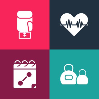 Pop sanat kettlebell, takvim fitness, kalp atış hızı ve boks eldiveni ikonu ayarla. Vektör.