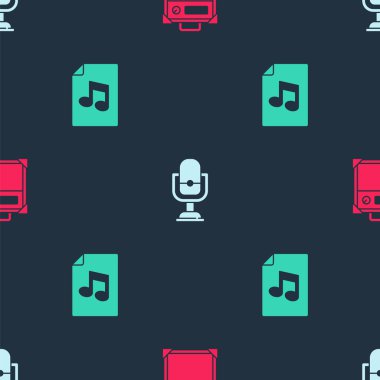 Gitar yükselticisini, mikrofonu ve müzik kitabını pürüzsüz şablona göre ayarla. Vektör.