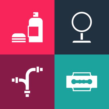 Pop sanat bıçaklı ustura, endüstriyel metalik boru, yuvarlak makyaj aynası ve şampuan ikonu hazırla. Vektör.