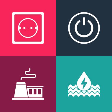 Pop Art Water Energy, Factory, Power Butonu ve Electrical outlet simgesini ayarla. Vektör.
