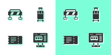 Bilet gişesini bilet, bariyer, tren ve bavul ikonu almaya ayarla. Vektör.