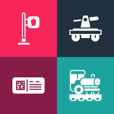 Pop Art Vintage lokomotifi, QR bilet treni, Draisine veya el arabası ve Cafe restoranının konum simgesini ayarla. Vektör.