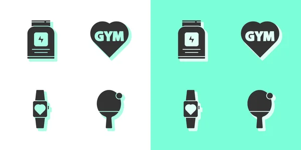 Set Racket Bal Sportvoeding Smartwatch Fitness Fitnessruimte Hart Pictogram Vector — Stockvector