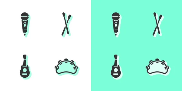 Set Tambourine Microphone Guitar Drum Sticks Icon Vector — Stock Vector