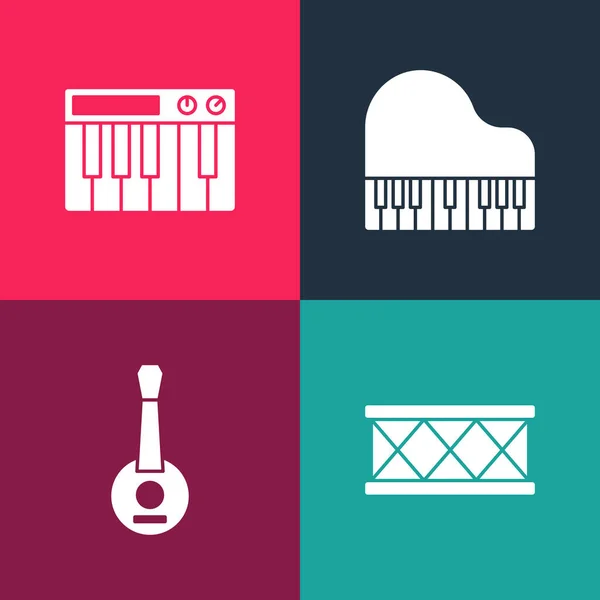 Set Pop Art Tambor Banjo Gran Piano Icono Sintetizador Música — Vector de stock