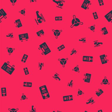 Bilet, helikopter, havalimanı panosu ve uçak pervanesi ile mobil bağlantıyı kusursuz ayarlayın. Vektör.