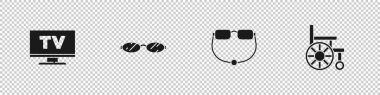 Akıllı TV, gözlük ve tekerlekli sandalye ikonunu ayarla. Vektör.