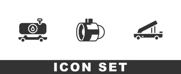 Set Brandstoftankwagen Jet Motor Turbine Passagiersladder Icoon Vector — Stockvector