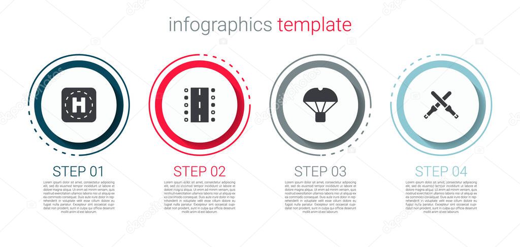 Set Helicopter landing pad, Airport runway, Box flying on parachute and Marshalling wands. Business infographic template. Vector.