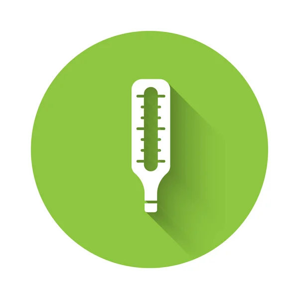 白色体温计 用于长阴影隔离的体格检查图标 绿色圆环按钮 — 图库矢量图片