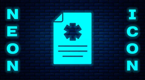 Glowing Neon Medical Clipboard Clinical Record Icon Isolated Brick Wall — Stock Vector