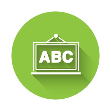 Beyaz Halka tahta simgesi uzun gölgeli izole edilmiş. Okul karatahtası. Yeşil daire düğmesi. Vektör.