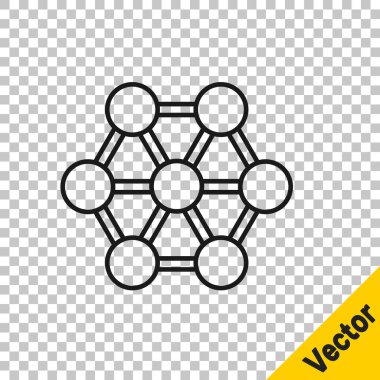 Siyah çizgi Molekül simgesi şeffaf arkaplanda izole edildi. Kimya moleküllerinin yapısı, fen öğretmenlerinin yenilikçi eğitim posteri. Vektör.