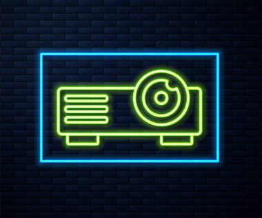Parlak neon hattı sunumu, film, film, medya projektörü ikonu tuğla duvar arka planında izole edildi. Vektör.