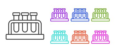 Siyah çizgi test tüpü ve beyaz arka planda izole edilmiş kimyasal test ikonu. Laboratuvar cam levhası. Simgeleri renklendirin. Vektör.