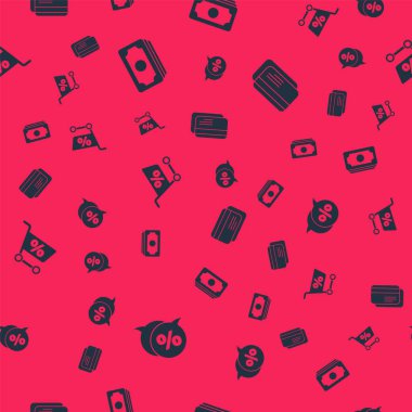 İndirimli yüzde etiketi, kağıt para destesini, alışveriş arabasını ve kredi kartını kusursuz düzende ayarla. Vektör.