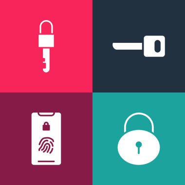Pop Art Lock 'u, Mobil' i parmak izi taraması, anahtar ve kilit simgesi ile ayarla. Vektör.