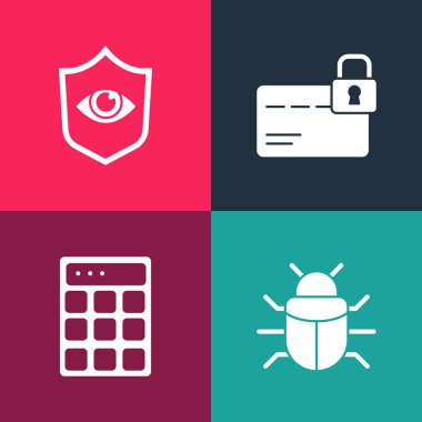 Pop sanat sistemi hatasını, şifre korumasını, kilit ve kalkanlı kredi kartını ve göz simgesini ayarla. Vektör.