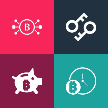 Pop Art Bitcoin 'i saat, Piggy Bank Bitcoin, Kripto para birimi anahtarı ve devre ikonu ile ayarla. Vektör.